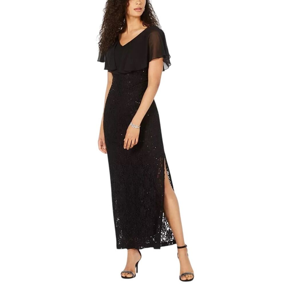 CONNECTED Petite Sequin Lace Cape Gown Black